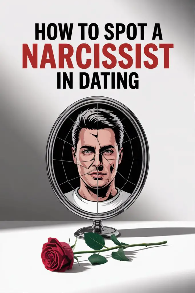 Guide to spotting narcissists in dating with cracked mirror and romantic rose imagery.