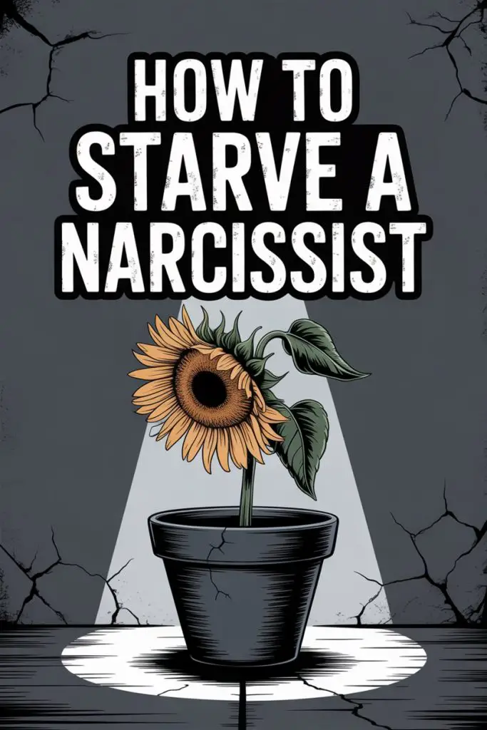 Dark cracked wall, wilting sunflower, bold text on emotional manipulation and narcissist starvation.