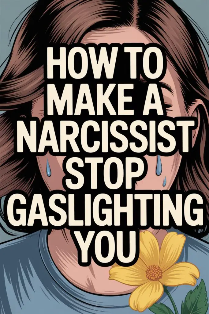 Illustration of a woman with gaslighting warning text, featuring flowers and emotional teardrops for support.