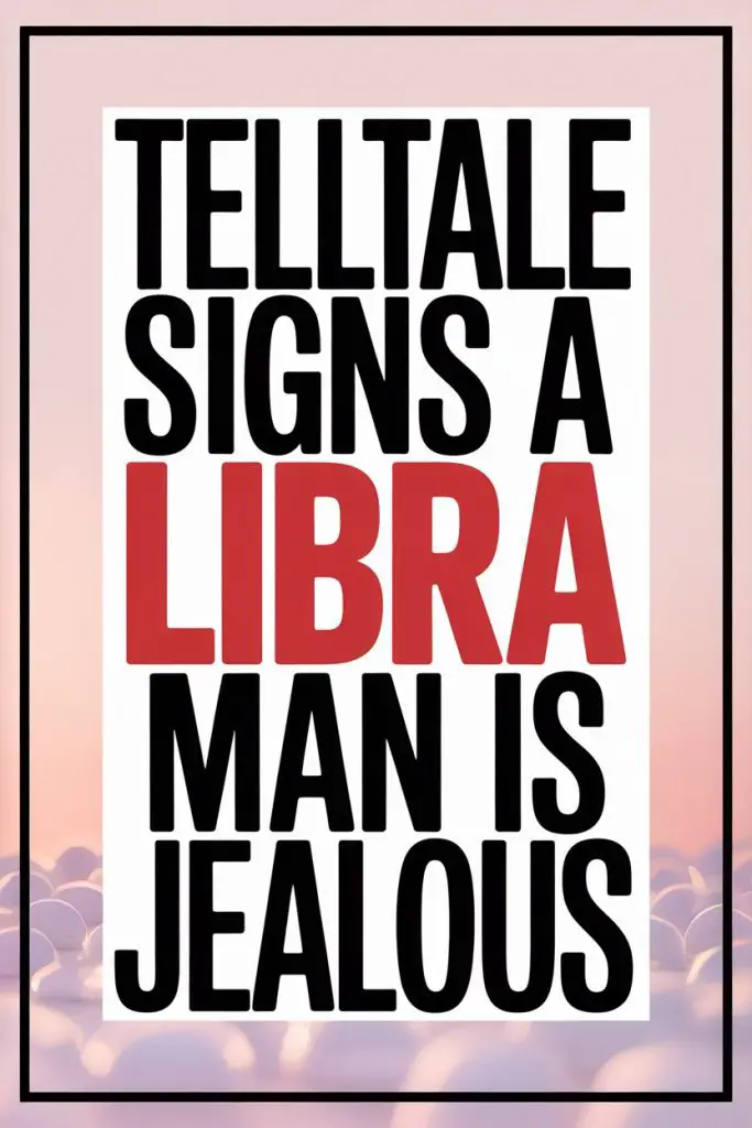 Humorous zodiac sign sign indicating jealousy traits of a Libra man with bold text and pastel background.