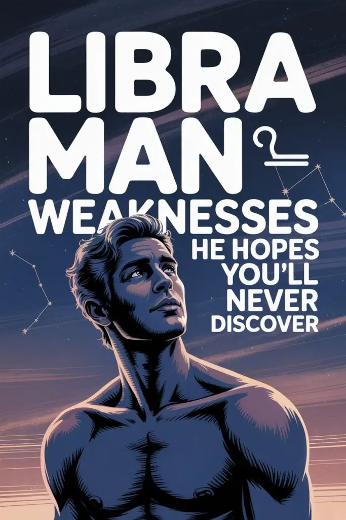 Libra man weaknesses and traits with cosmic zodiac background and introspective illustration.