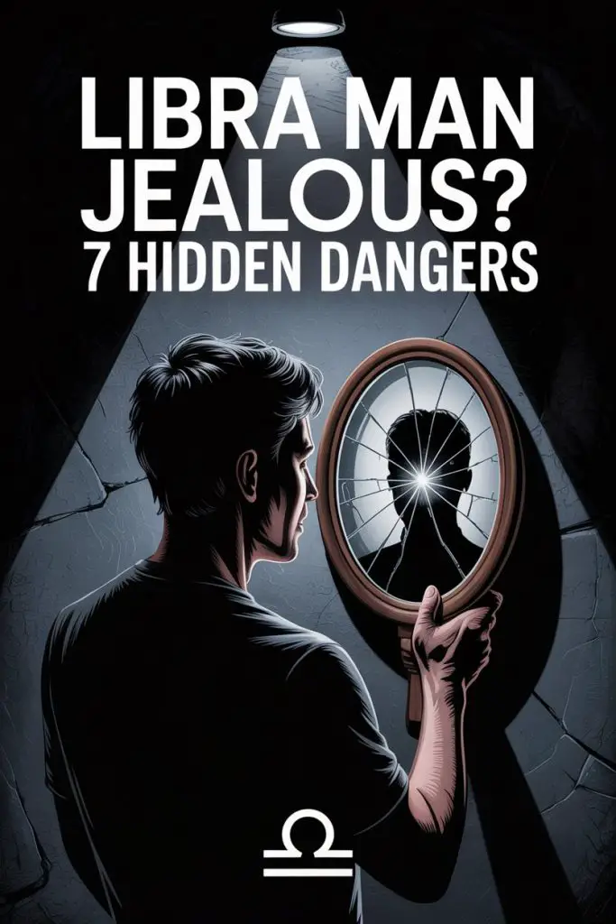 Libra man revealing hidden jealousy and emotional dangers through broken mirror symbolism.