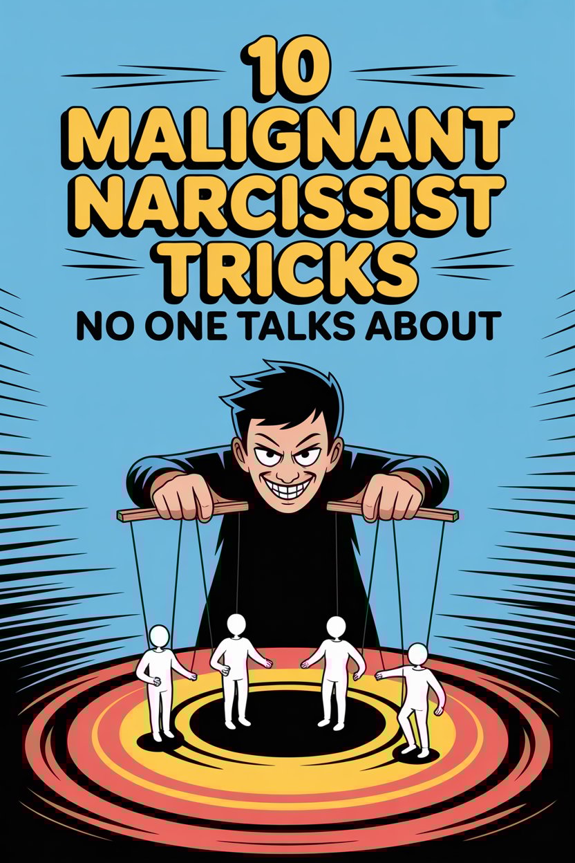 Illustration of a manipulative narcissist controlling puppets with warning signs about deception tactics.
