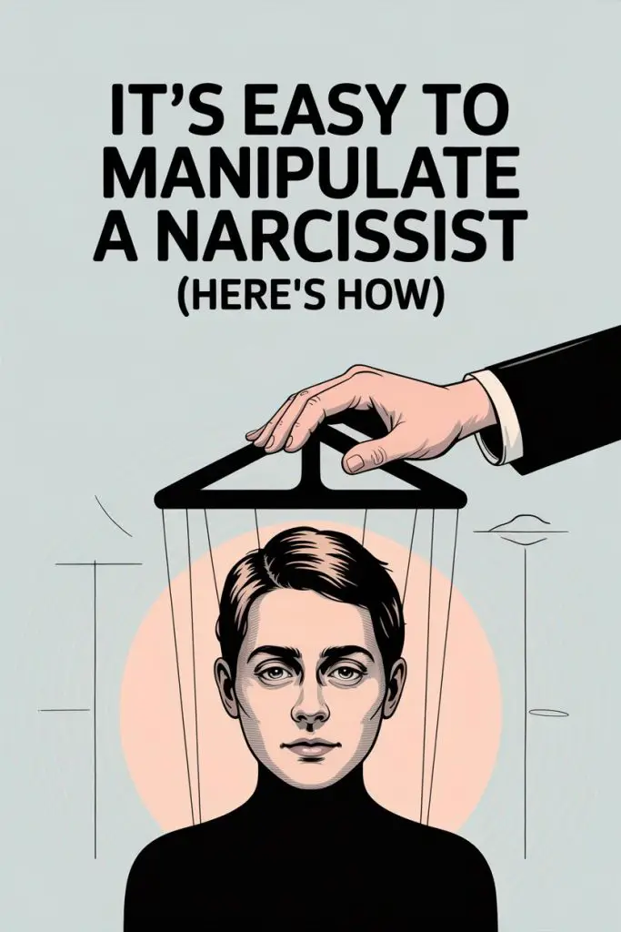 Manipulating a narcissist with puppet strings and control symbols in a psychological influence illustration.