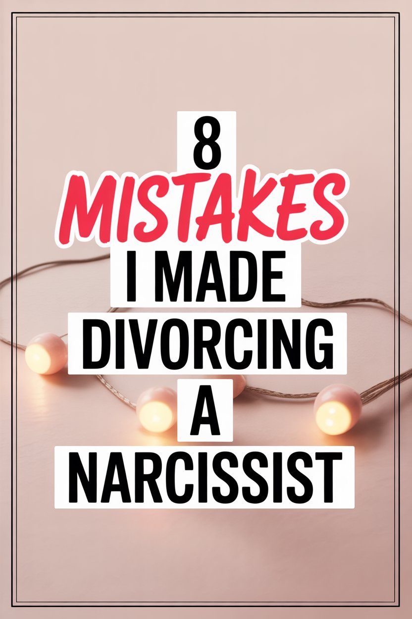 Humorous graphic about making mistakes when divorcing a narcissist, with colorful text and fairy lights.