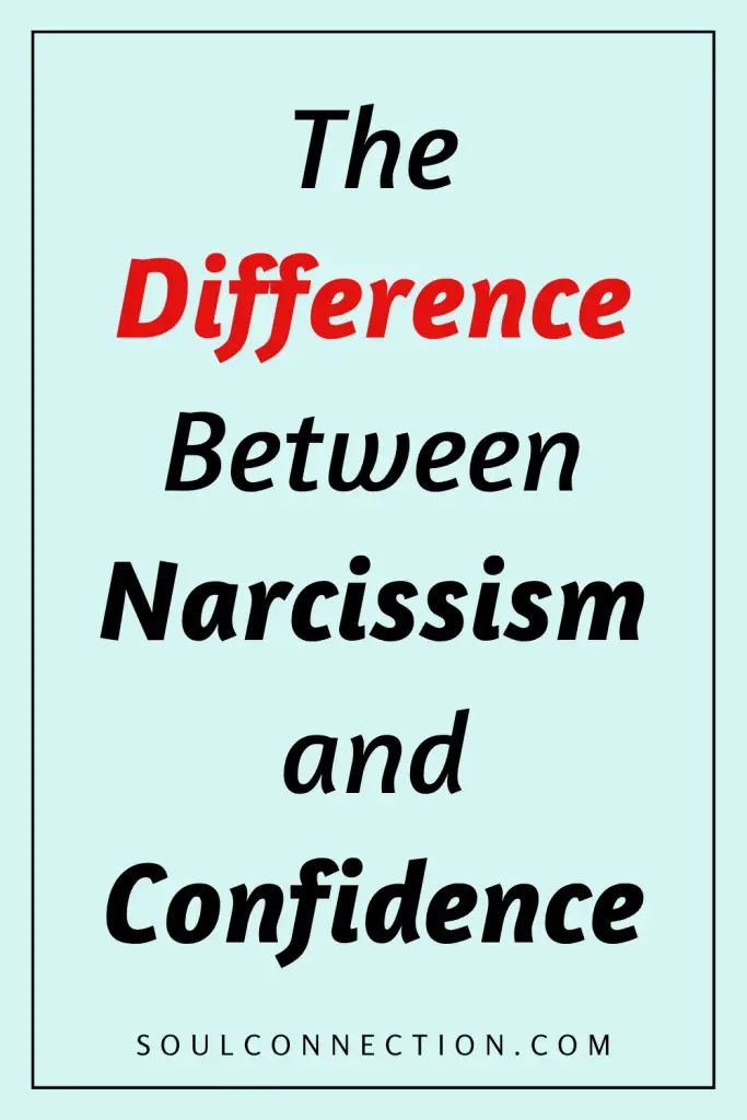 Quote on the difference between narcissism and genuine confidence, with bold red and black typography.