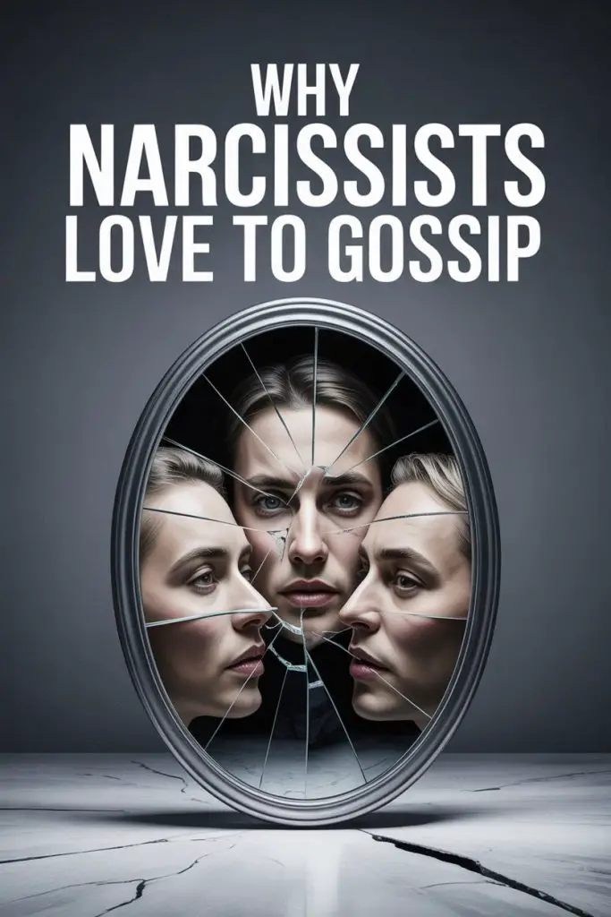 Broken mirror with three women reflecting narcissism, gossip, and self-identity themes.