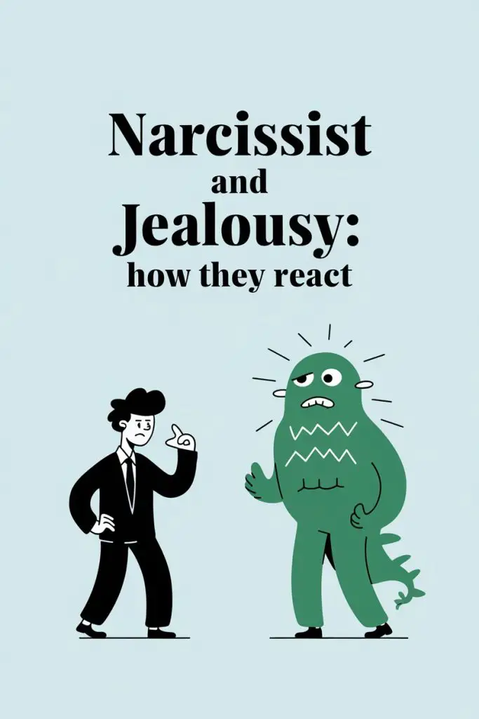 Comparison of narcissist and jealous person reactions with a cartoon monster illustration.