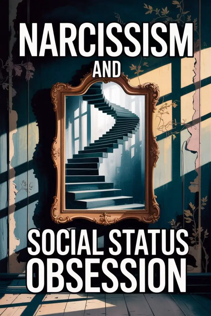Surreal mirror reflecting staircase symbolizes narcissism, social status obsession, and societal superficiality.
