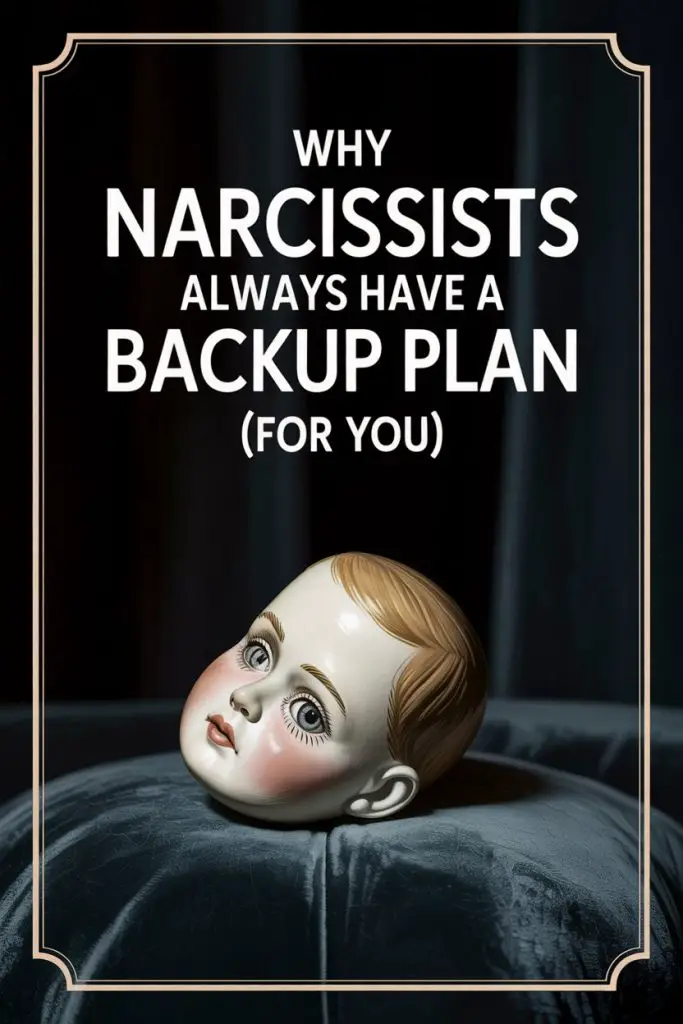 Narcissists have backup plans, featuring a dolls head and psychological manipulation warning.