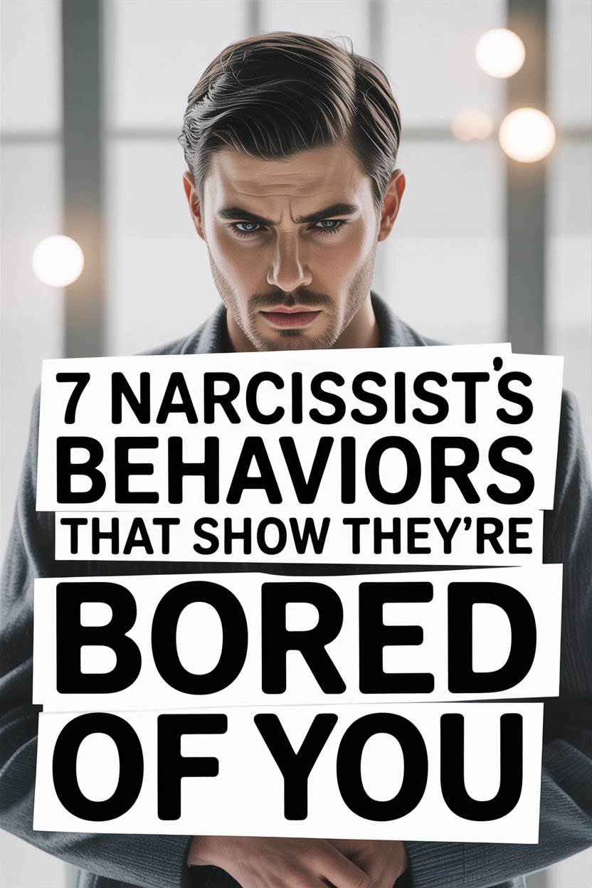 Man holding a sign about narcissist behaviors indicating boredom in relationships.