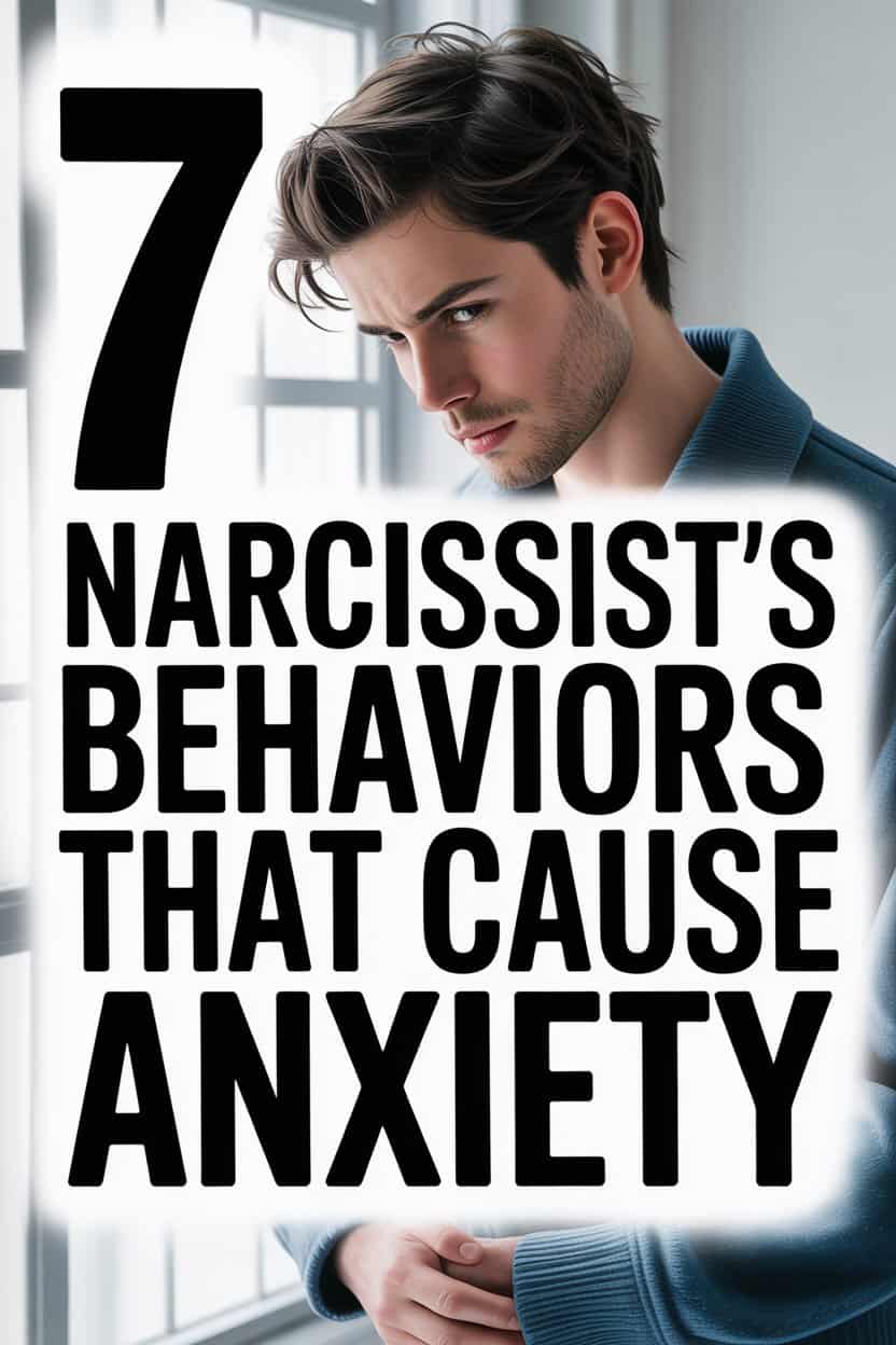 Young man with intense gaze and bold text highlighting narcissist behaviors causing anxiety.