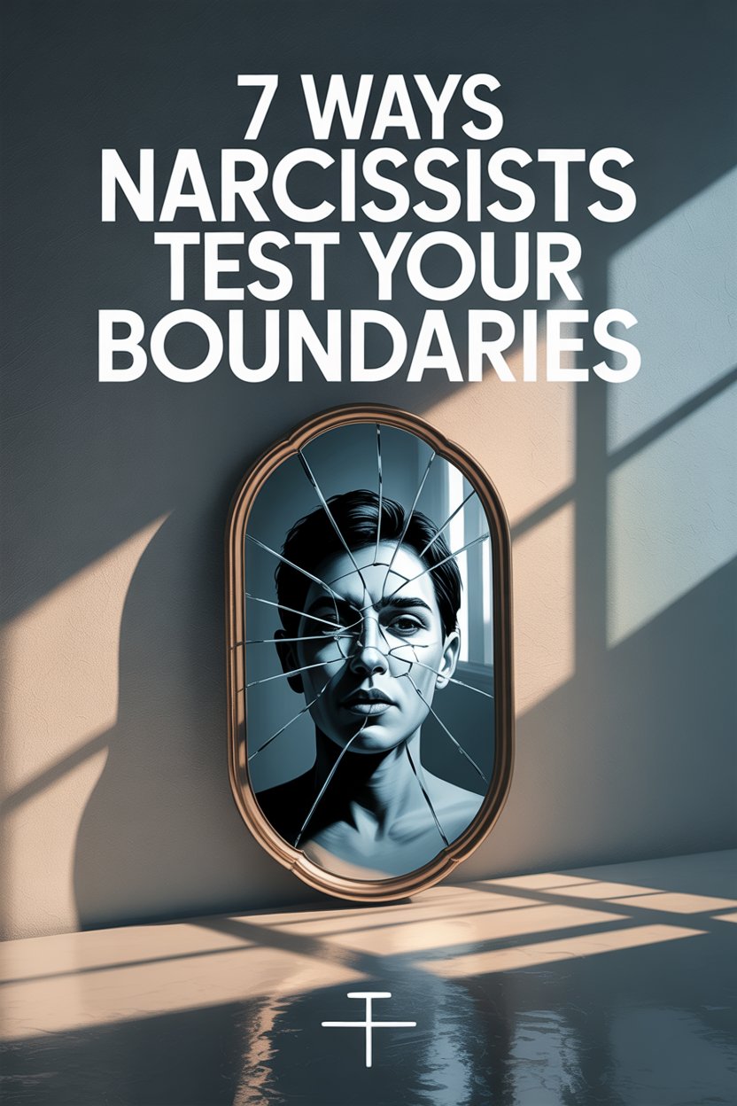 Cracked mirror reflecting a serious face highlights narcissist boundary testing and emotional vulnerability.