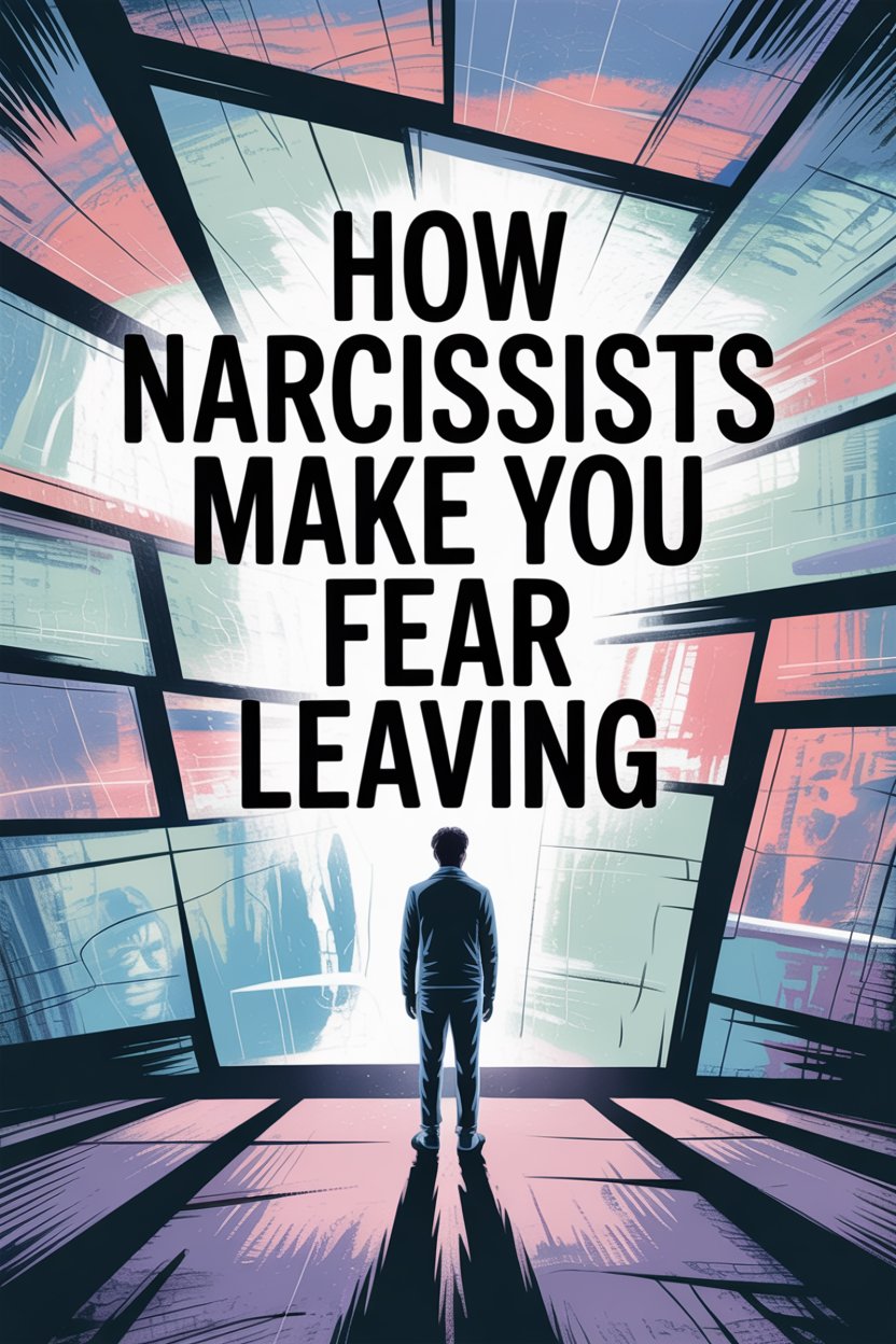 Person trapped by overwhelming screens illustrating narcissistic manipulation and fear of leaving.