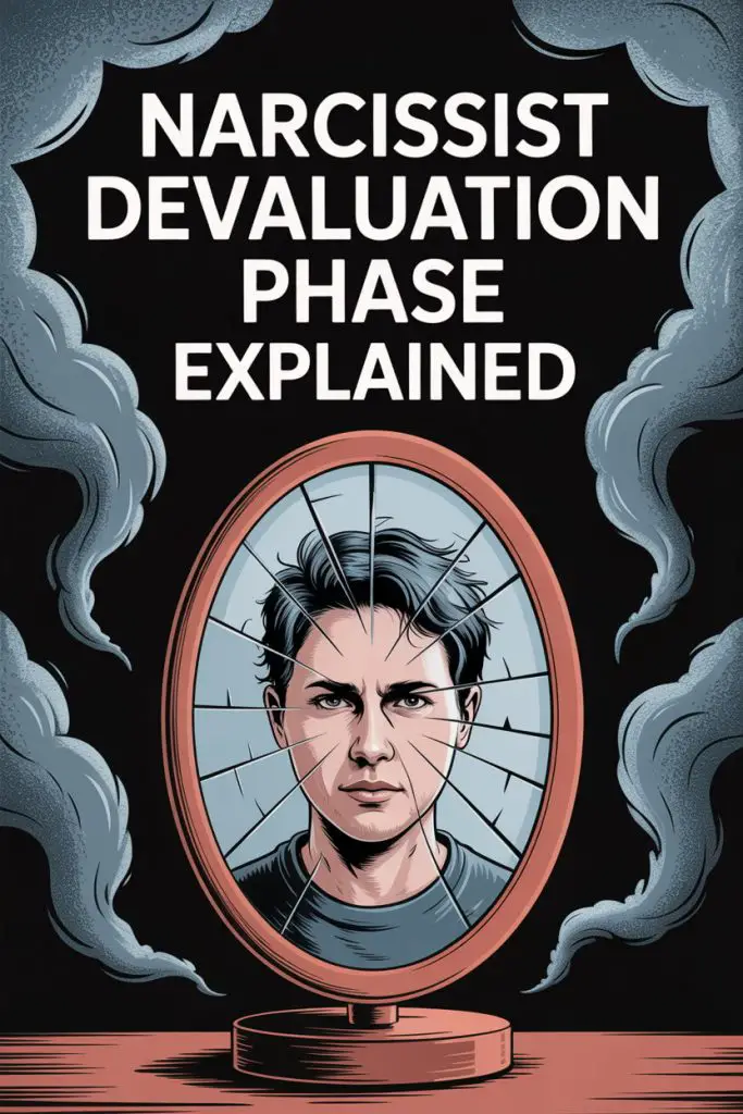 Narcissist devaluation phase icon with shattered mirror reflecting intense, damaged self-image.
