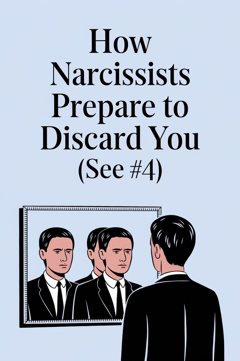 Narcissist preparing to discard, shown by mirror reflections and psychological manipulation.
