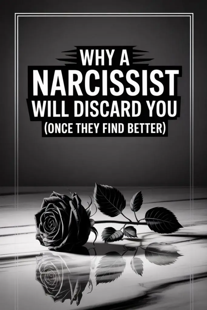 Narcissist discard symbolized by a black rose on reflective surface, representing emotional pain and betrayal.