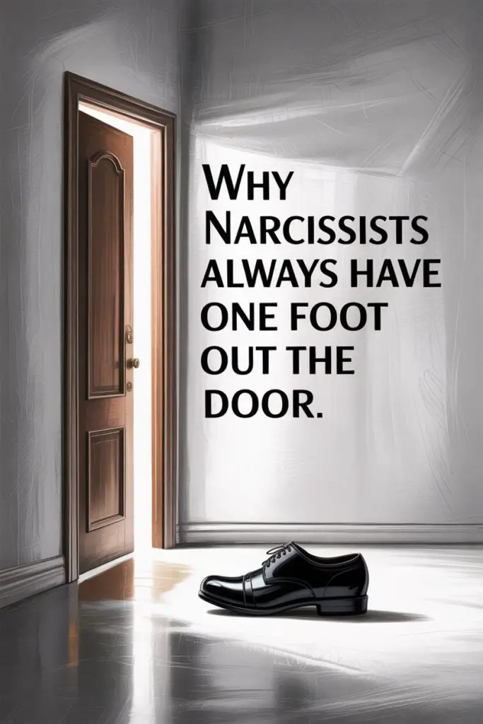 Open door symbolizing narcissists fear of commitment with sleek shoes and bold wall message.