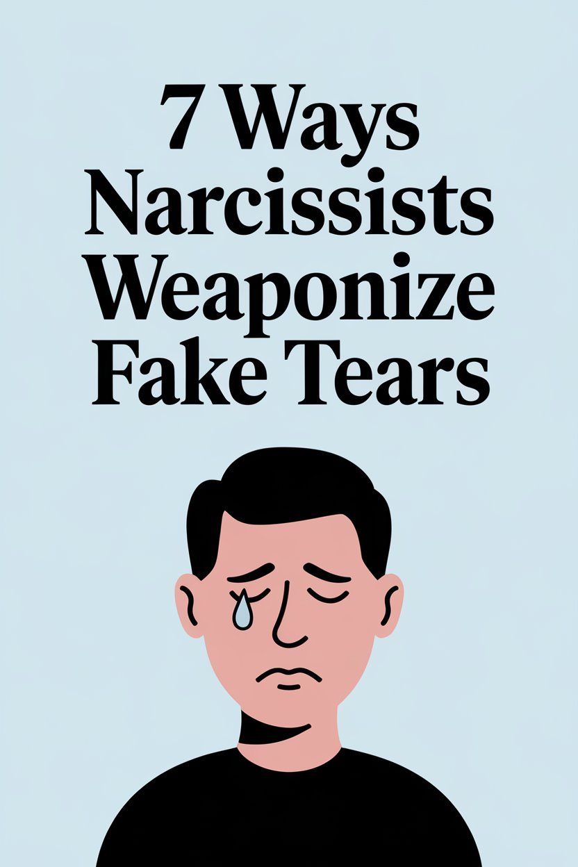 Narcissists use fake tears to manipulate emotionally, illustrated by a sad cartoon man on blue background.
