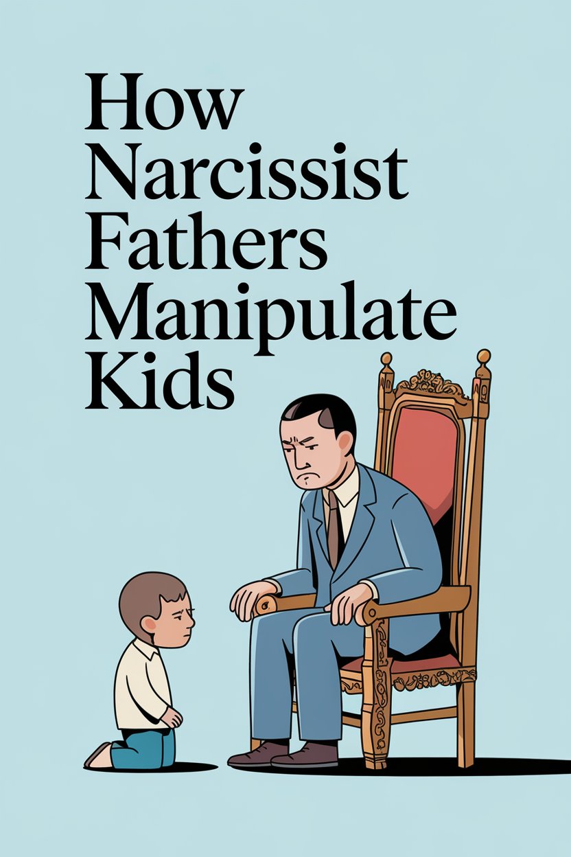 Narcissist father manipulating child with emotional control and power dynamics illustrated in cartoon style.