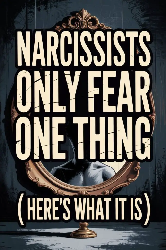 Vintage mirror reflecting hidden fears of narcissists with bold, distressed typography and mysterious dark background.