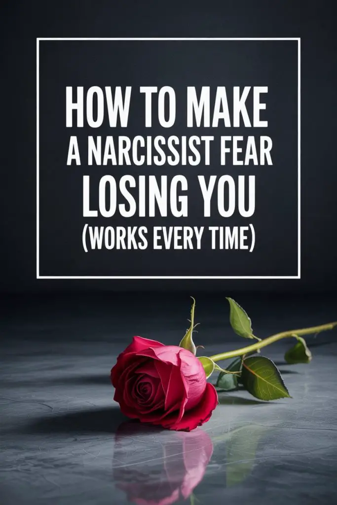 Narcissist fear of losing you quote with red rose reflection on dark background.