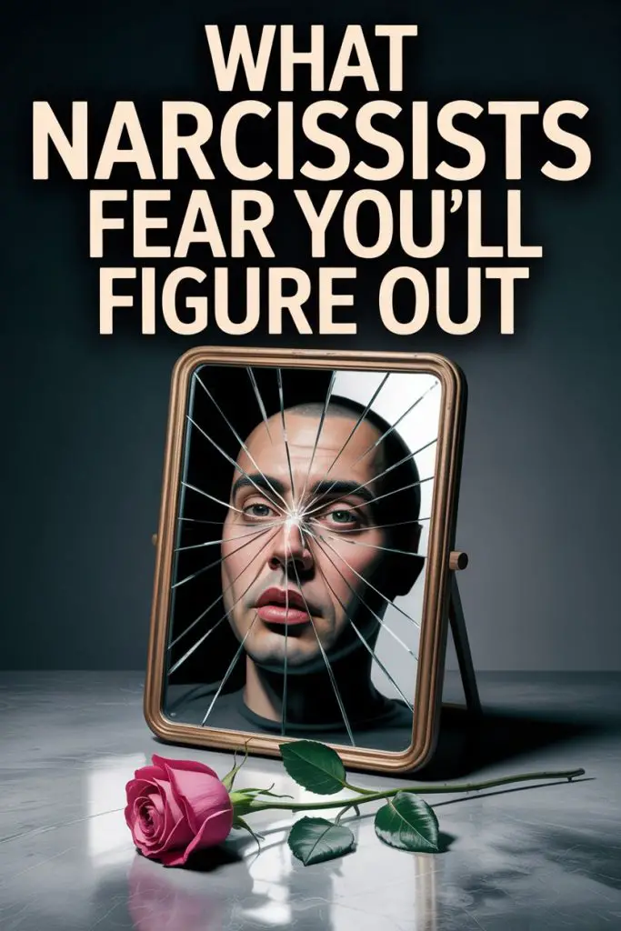 Narcissist fears exposing vulnerability as shattered mirror reflects intense gaze and symbolic rose.
