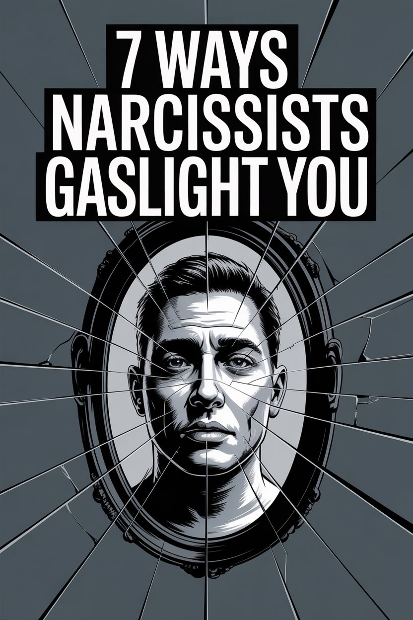 Narcissist gaslighting and emotional manipulation depicted by shattered mirror reflecting intense male face.
