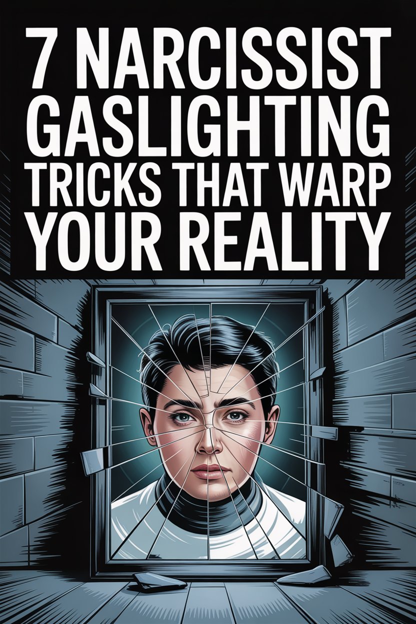 Womans shattered mirror face illustrating gaslighting and narcissist manipulation effect.