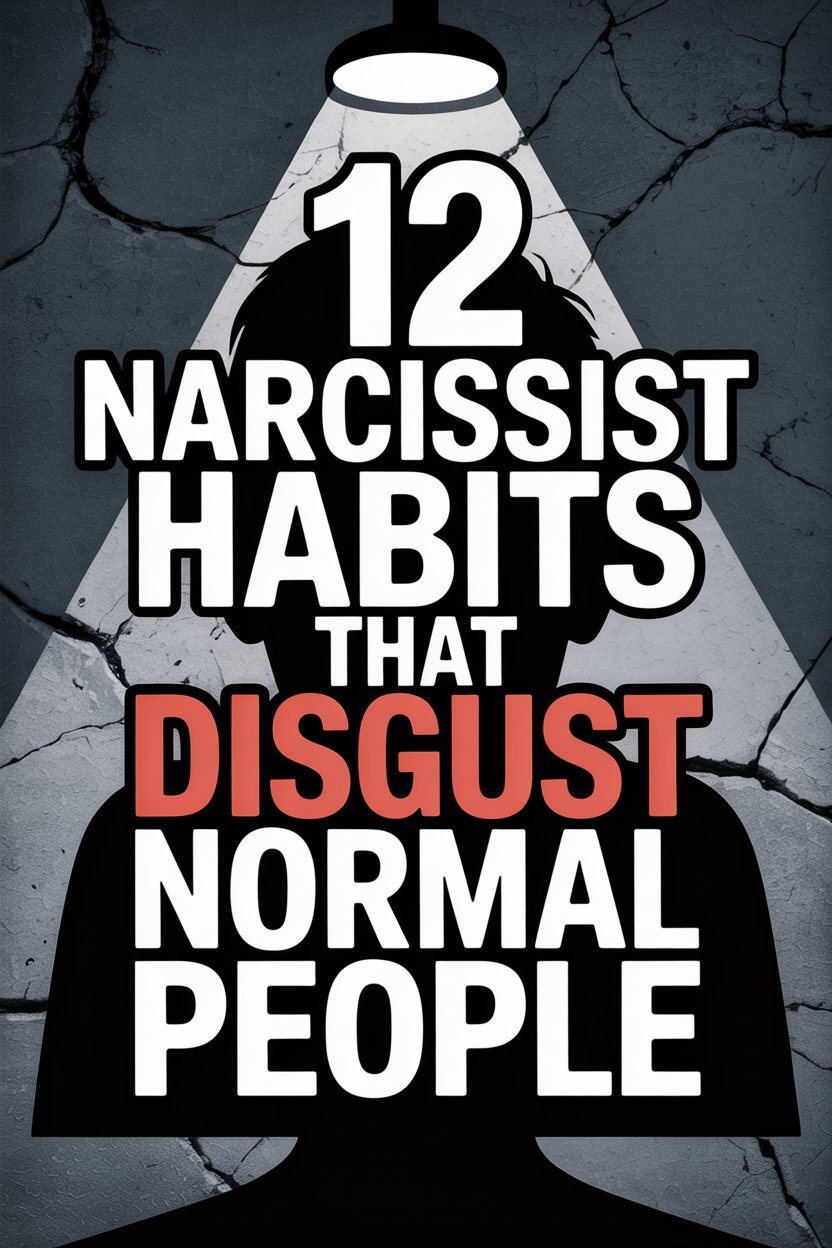 Dark background highlights narcissist habits that disgust normal people, revealing personality traits and social judgment.