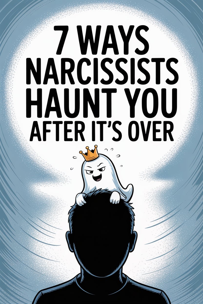 Humorous illustration of a ghostly narcissist haunting someone after a breakup with bold text.
