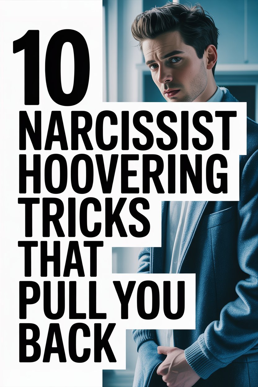 Young man with dark hair and blue blazer, overlaid with Narcissist Hoovering Tricks text.