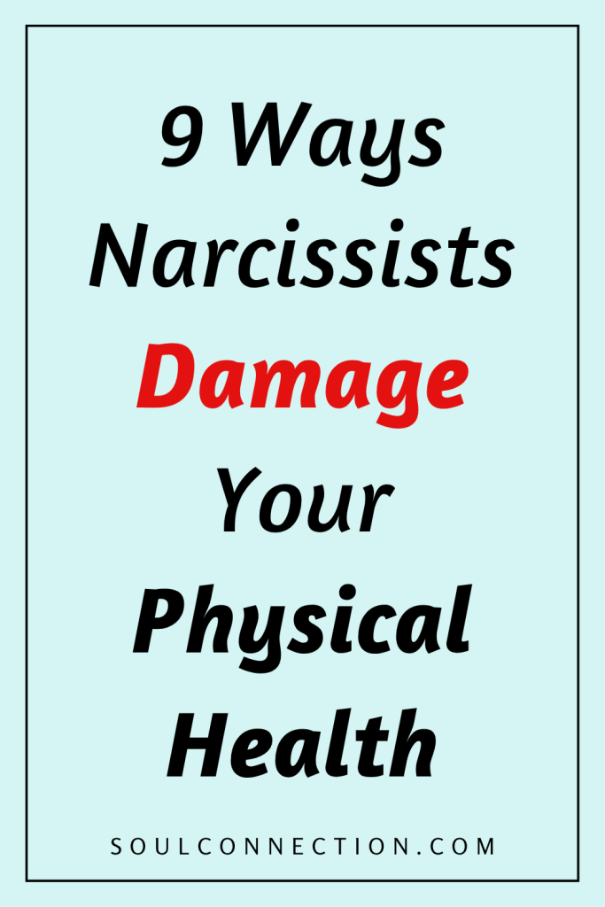 Effects of narcissists on health infographic showing psychological and physical damage.