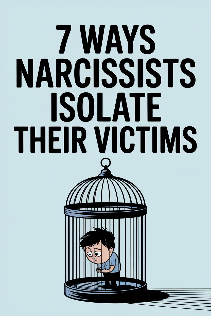 Illustration of a young man trapped in a birdcage, symbolizing narcissist emotional isolation and manipulation.