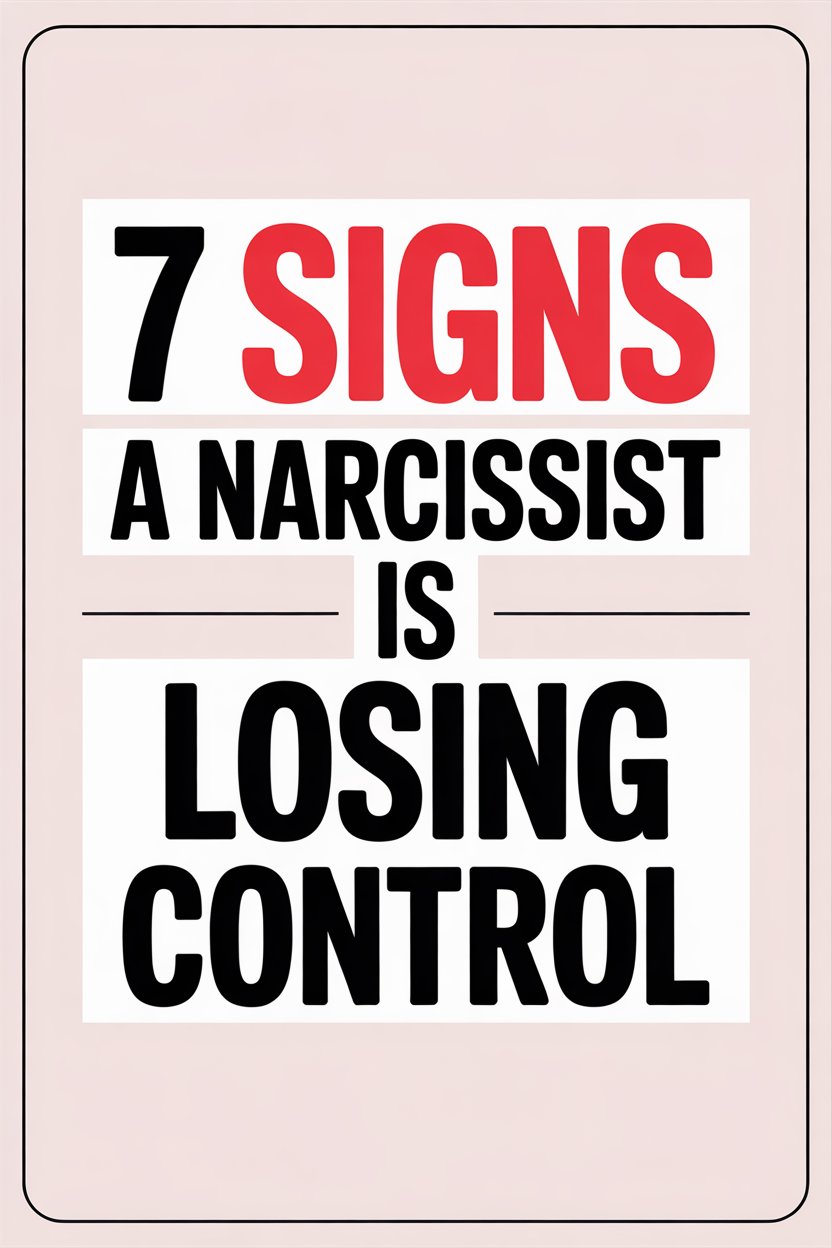 Signs a narcissist is losing control, highlighted in bold text on pink background with colorful highlights.