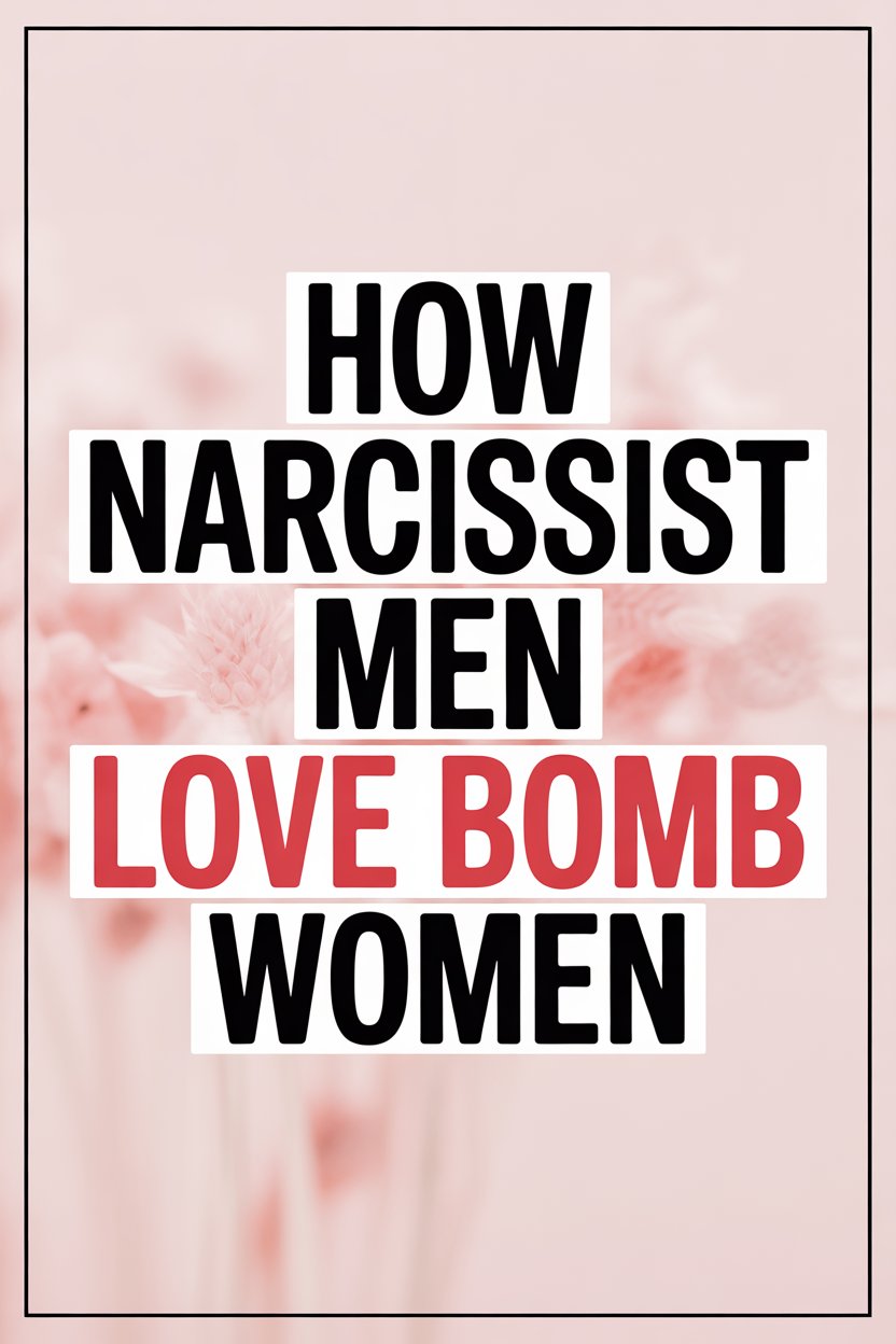 Bold text about narcissists, love bombing, men, women, and psychological manipulation on soft floral background.