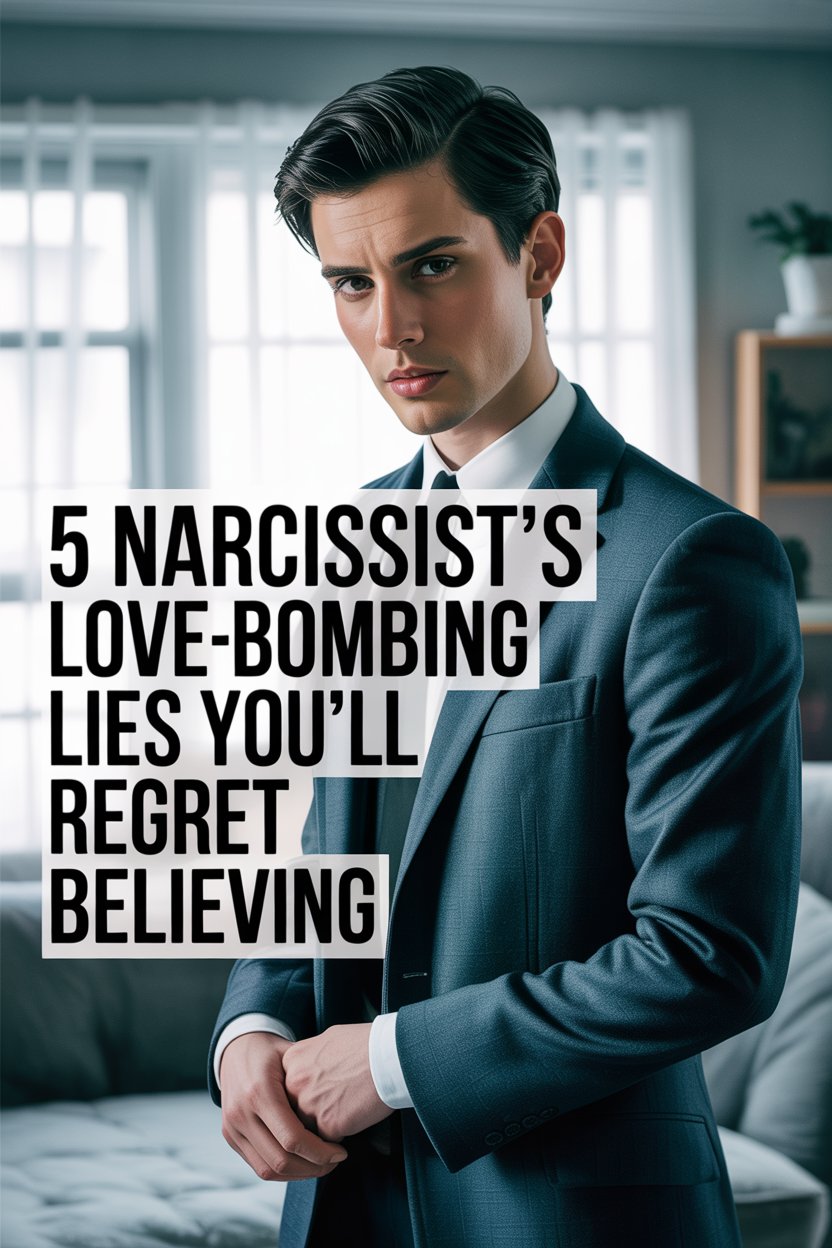 Confident man warns about narcissist love bombing lies and emotional manipulation.