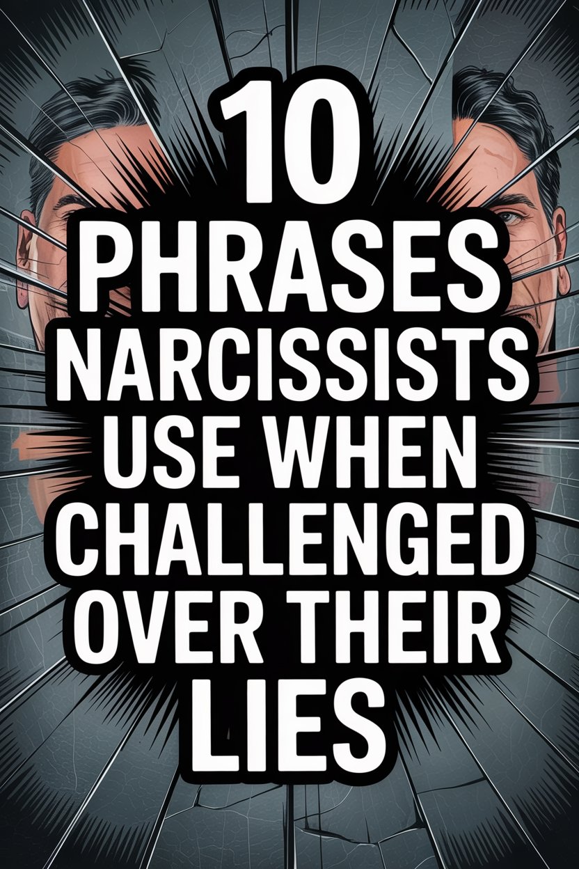 Common narcissist lies when challenged, with confrontation and manipulation tactics displayed visually.