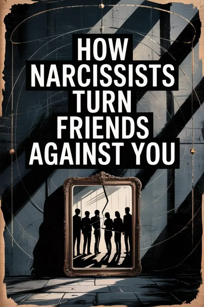 Illustration of narcissist manipulation turning friends against you with reflection and shadowy social tension.