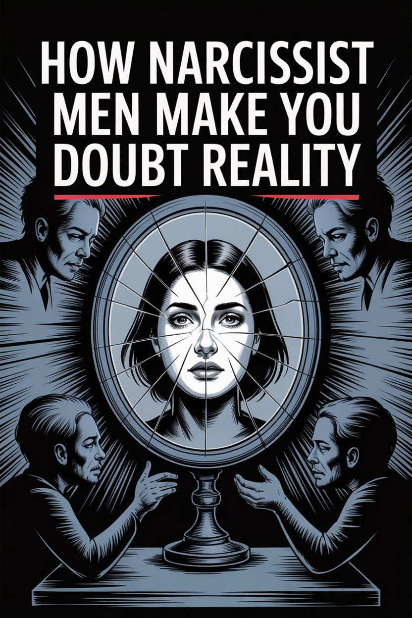 Illustration of narcissist manipulation and psychological control through fractured mirror and controlling men.