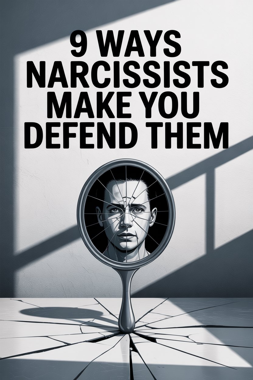 Dark mirror reflecting a damaged face, symbolizing narcissist manipulation and emotional damage.