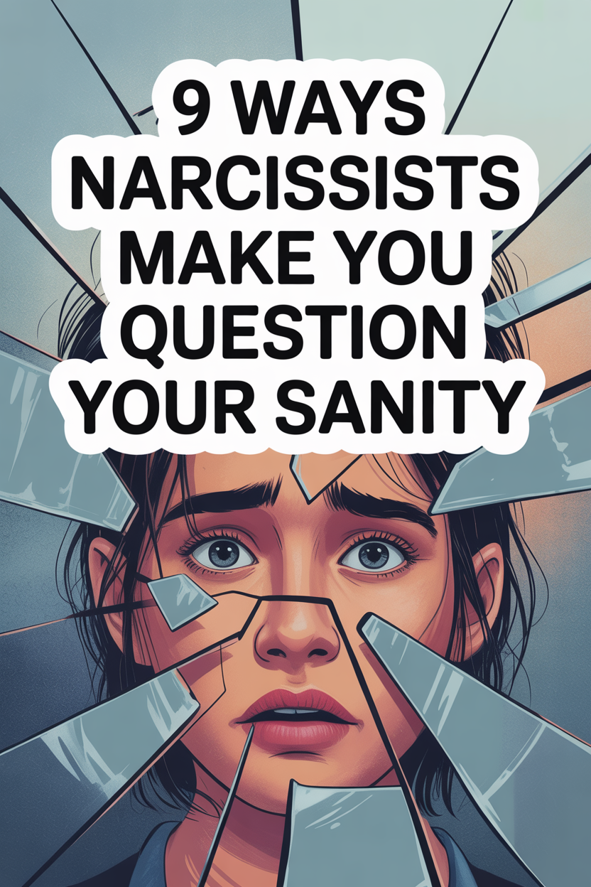 Woman with shocked expression, shattered glass, and bold text on narcissist psychological manipulation.