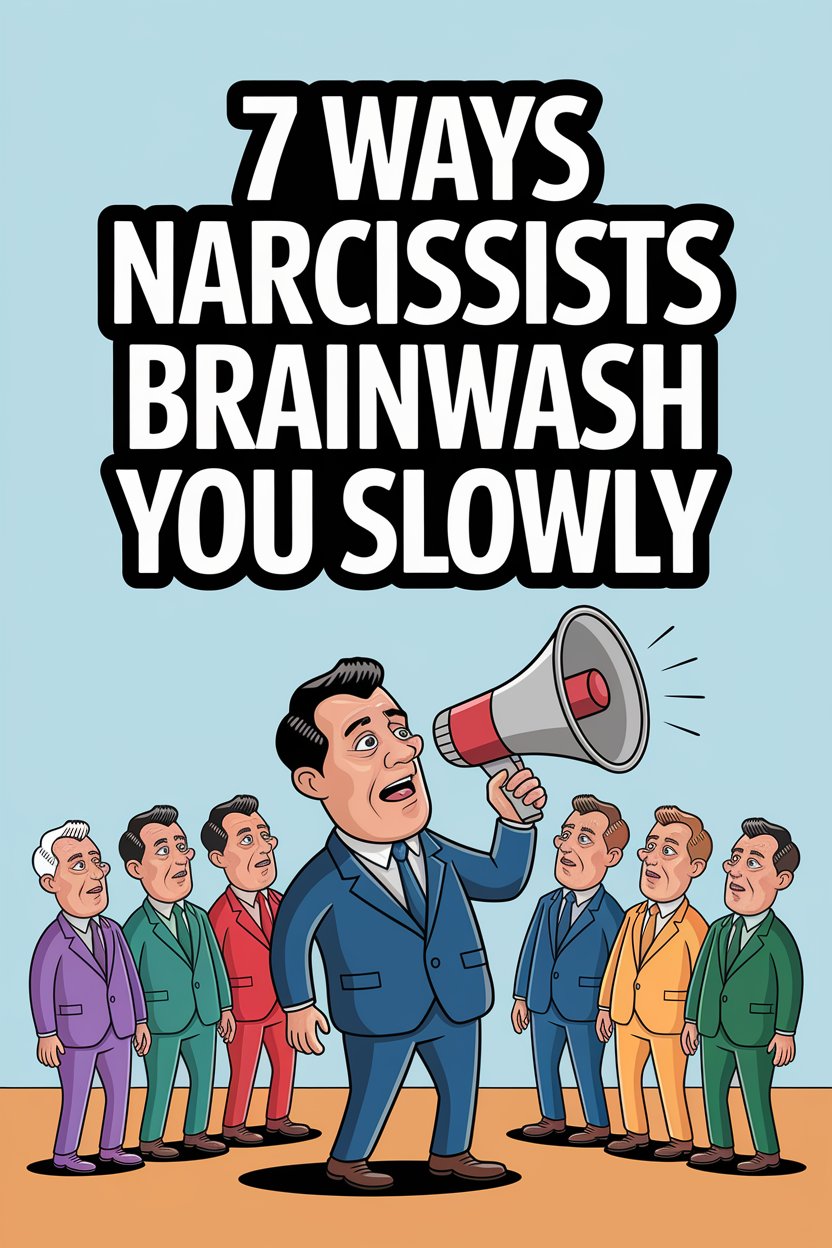 Illustration of narcissist manipulation tactics and brainwashing techniques in a cartoon style.