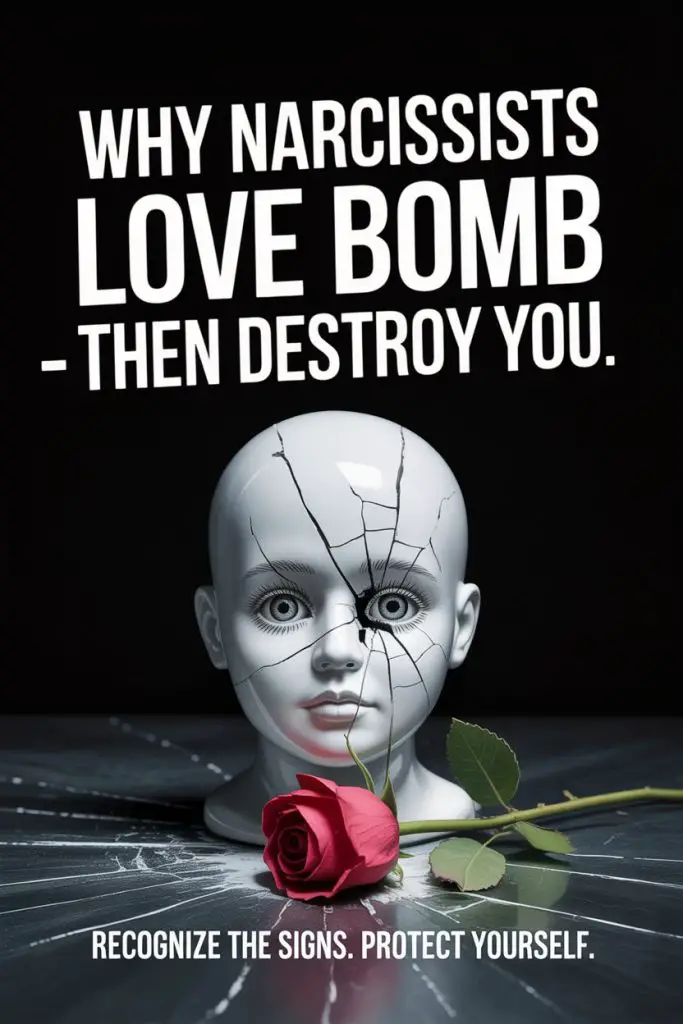 Narcissist manipulation, broken trust, shattered face, and a red rose symbolize emotional abuse effects.