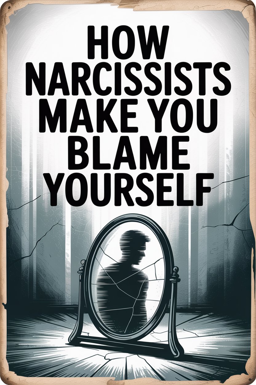 Illustration of narcissist manipulation, self-blame, and fractured self-image reflected in a cracked vintage mirror.