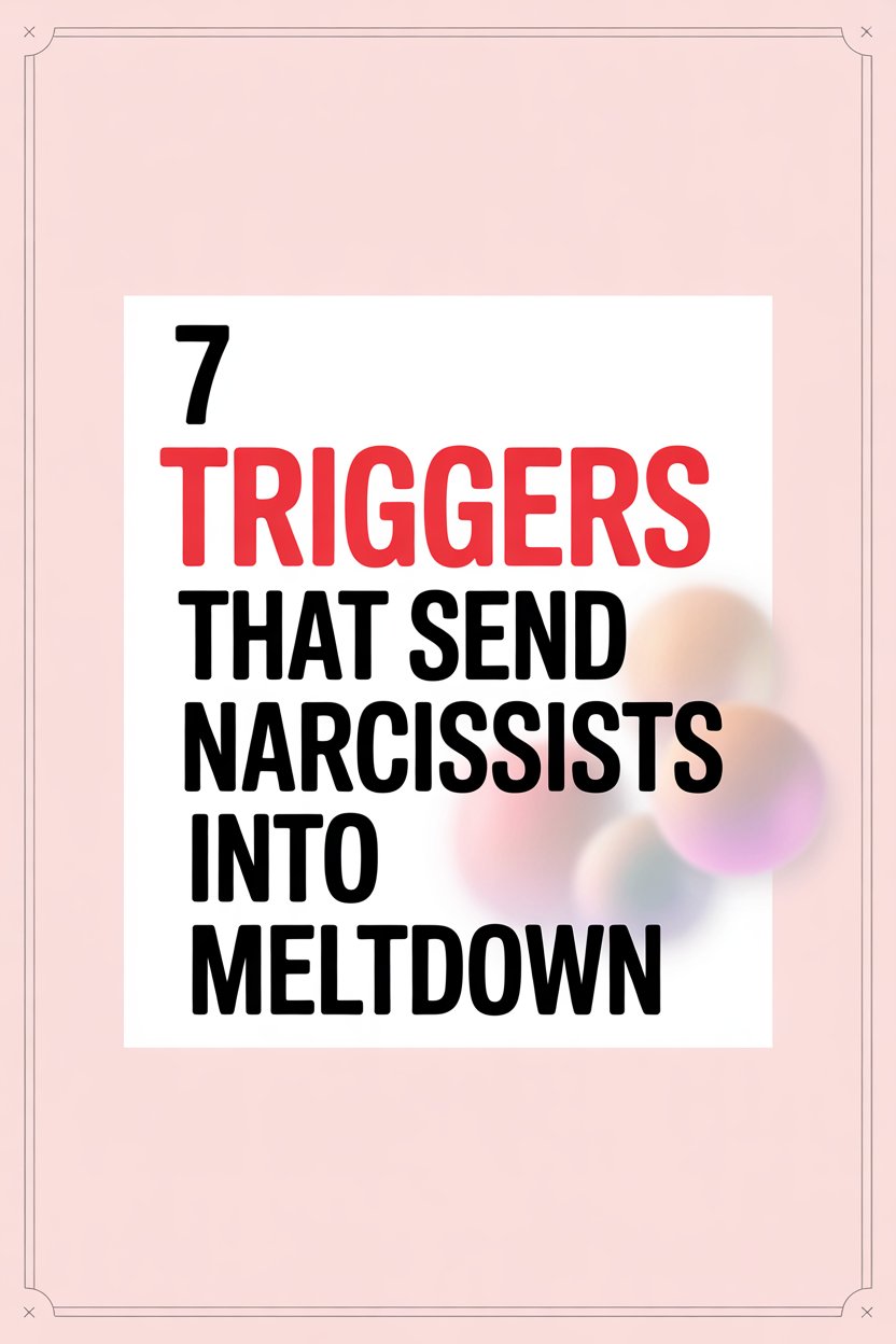 Seven triggers that cause narcissists to have a meltdown, with bold red and black text on pink.