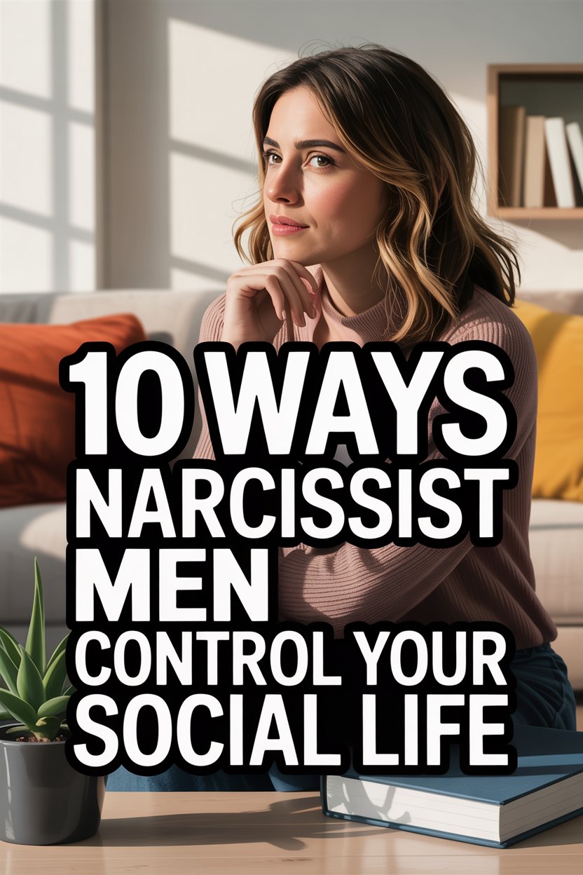 Woman with thoughtful expression, cozy room, and bold text on controlling social life by narcissist men.
