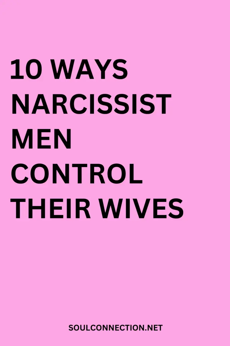 Bold text on pink background listing ways narcissist men control their wives.