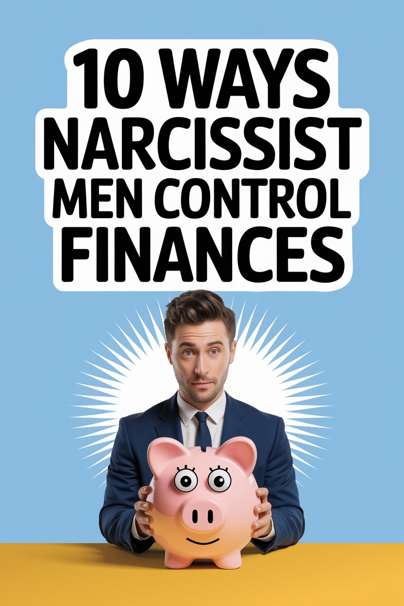 Young man with piggy bank highlights narcissist men controlling finances.