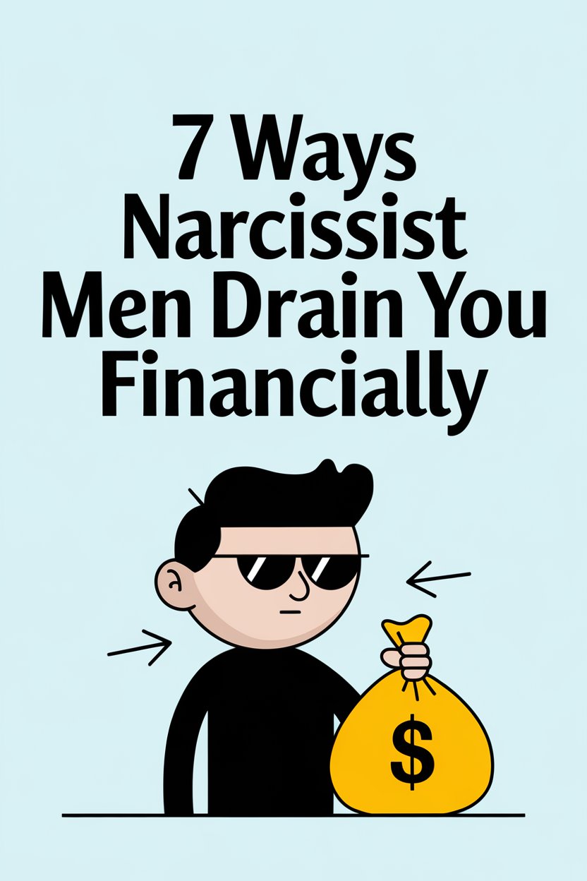 Cartoon of a narcissistic man draining finances with a money bag and arrows.